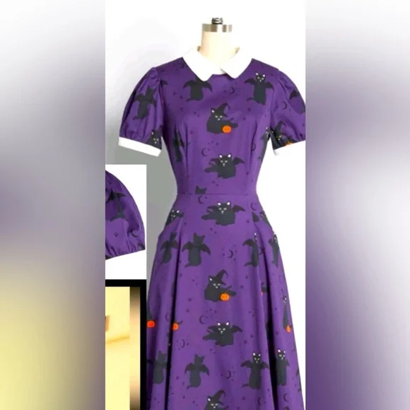 ModCloth Halloween Purple Cats Bats Pumpkins, Vampires A-Line Dress - Picture 4 of 9